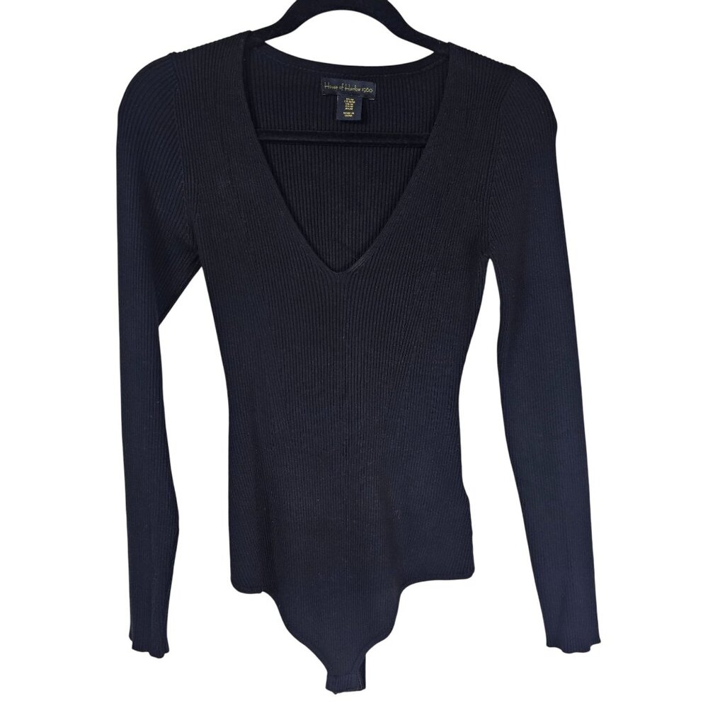 House Of Harlow Ribbed Bodysuit M Black V-Neck Long Sleeve Gothic Layering 90s